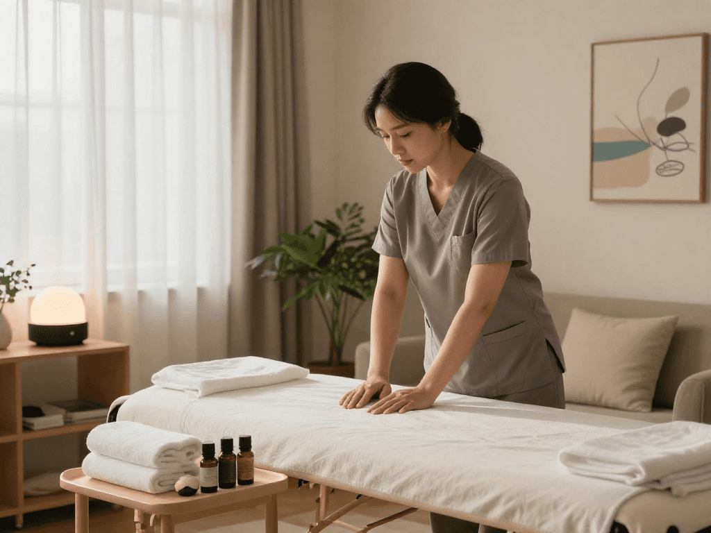 Comfortable home massage setting for 의정부출장안마 service with therapist preparing space.