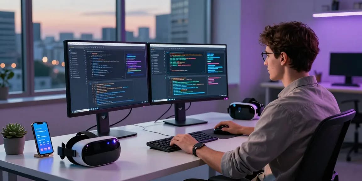 Futuristic workspace showcasing crush ai development with sleek tech and coding.
