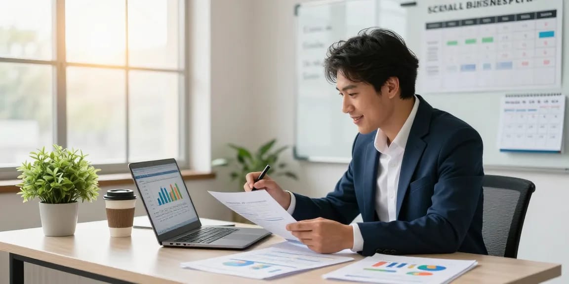 Accountant using accounting software for small business in a bright office setting