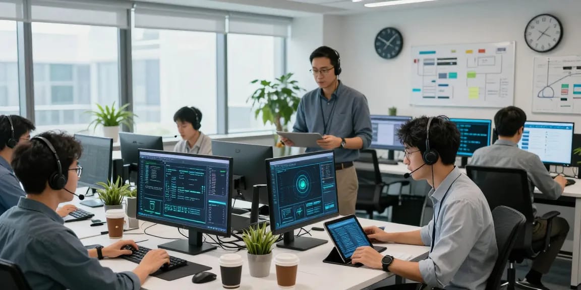 IT team providing MSP Markham support in a modern office setting with high-tech equipment and collaboration