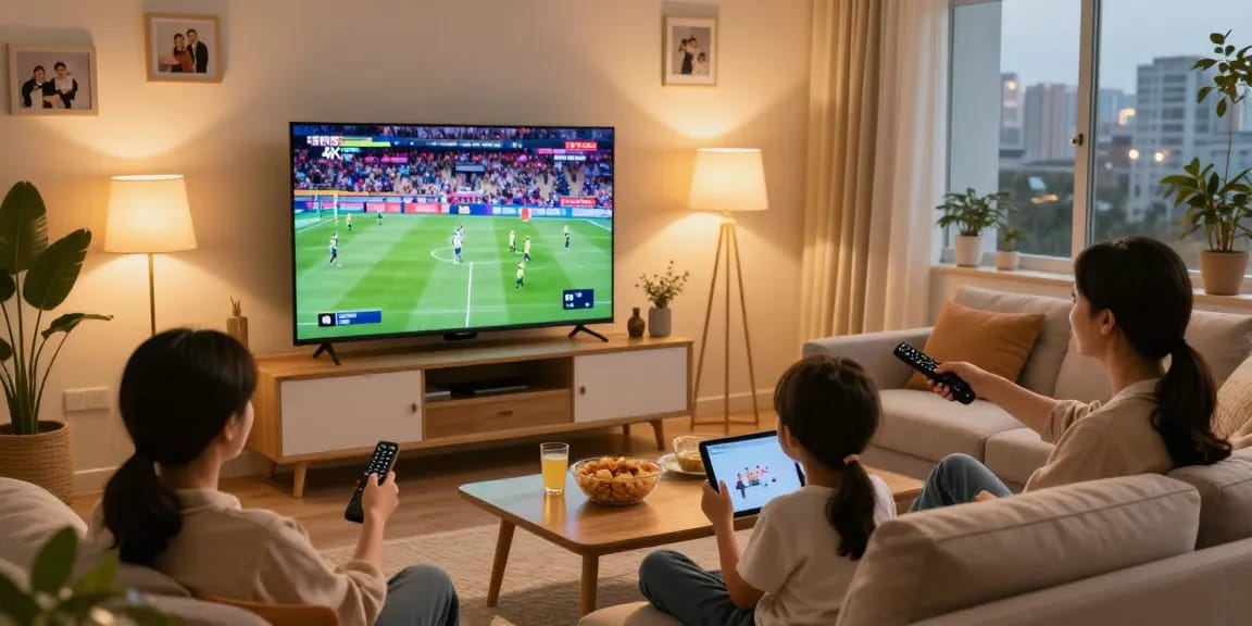 Family enjoying IPTV streaming in a cozy living room with 4K visuals.