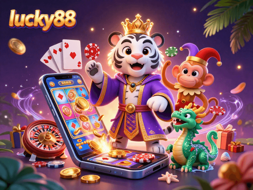 Experience exciting lucky88 gameplay with the lively tiger, playful monkey, and dragon amidst vibrant casino elements.