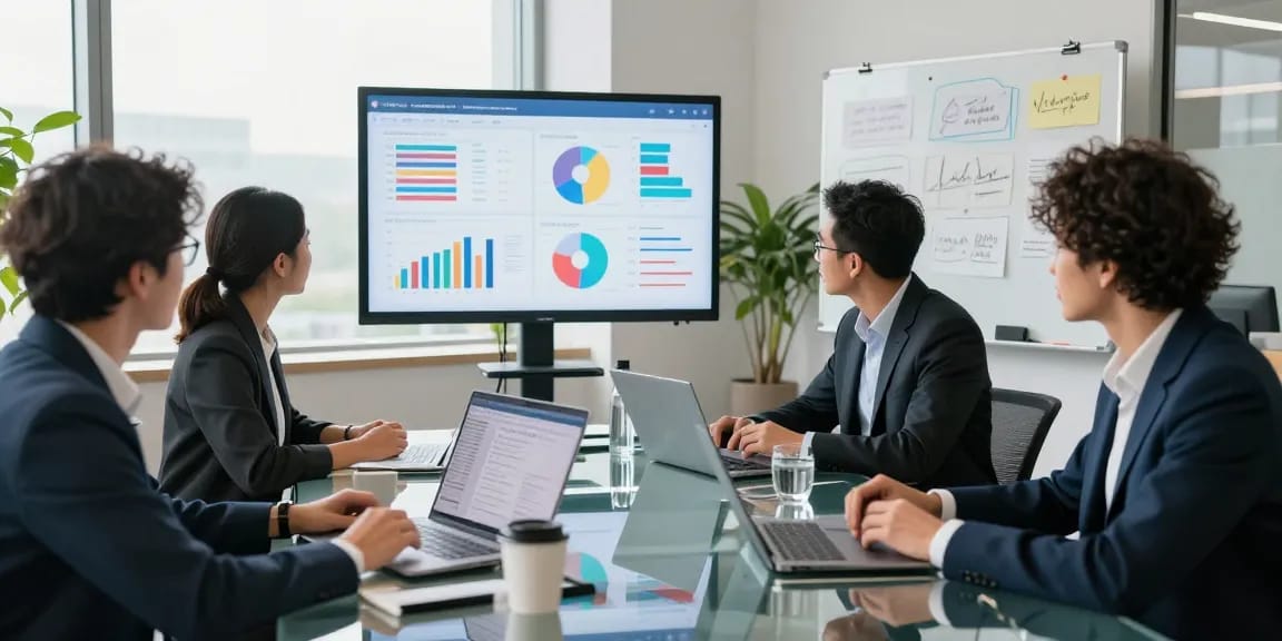Digital marketing services Canada team strategizing in a modern office setting with analytics dashboards and collaborative atmosphere.