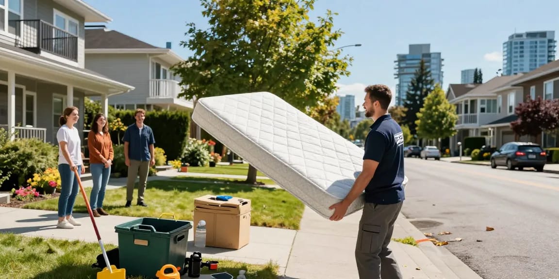 Vancouver mattress removal team helping residents with eco-friendly disposal in a sunny urban neighborhood.