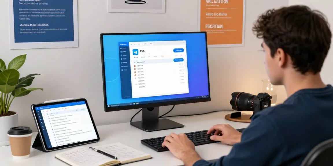 Telegram Chinese settings tutorial at a modern workspace with translation tools and tech elements.