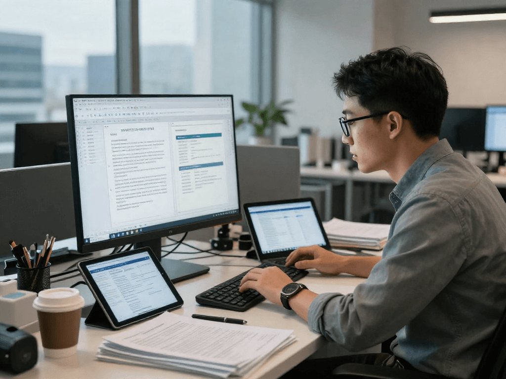 Data analyst performing document fraud detection in a modern office setting.