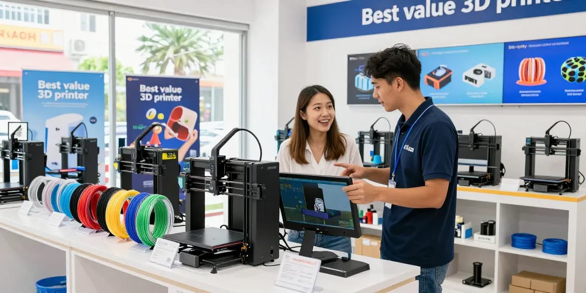 Shopper excitedly exploring the best value 3D printer, the Creality K2 Plus Combo, amid colorful filaments and engaging displays.