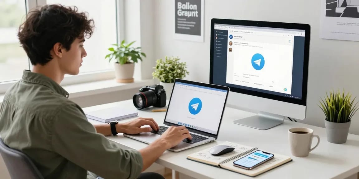 Workspace with professional using Telegram download on laptop and modern decor.
