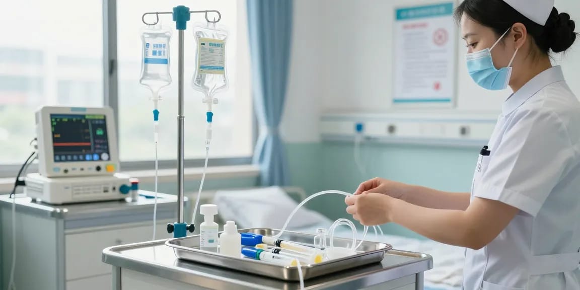 IV supplies meticulously organized by a healthcare worker in a bright hospital setting.