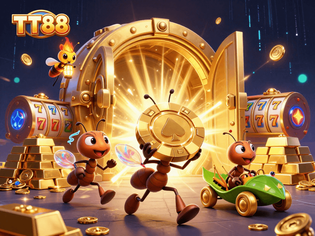 Experience TT88's excitement as playful ants carry a massive poker chip amidst a vibrant casino-themed heist.