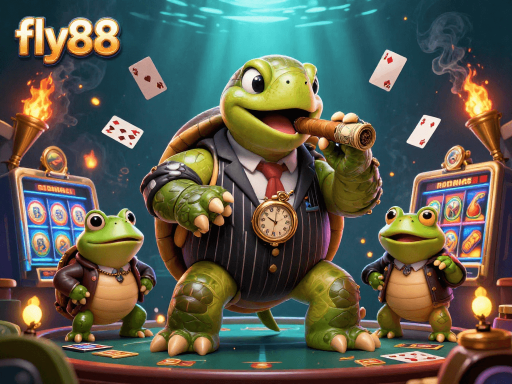 Experience thrilling action at Fly88 with a lively casino scene featuring an animated turtle and bullfrogs.