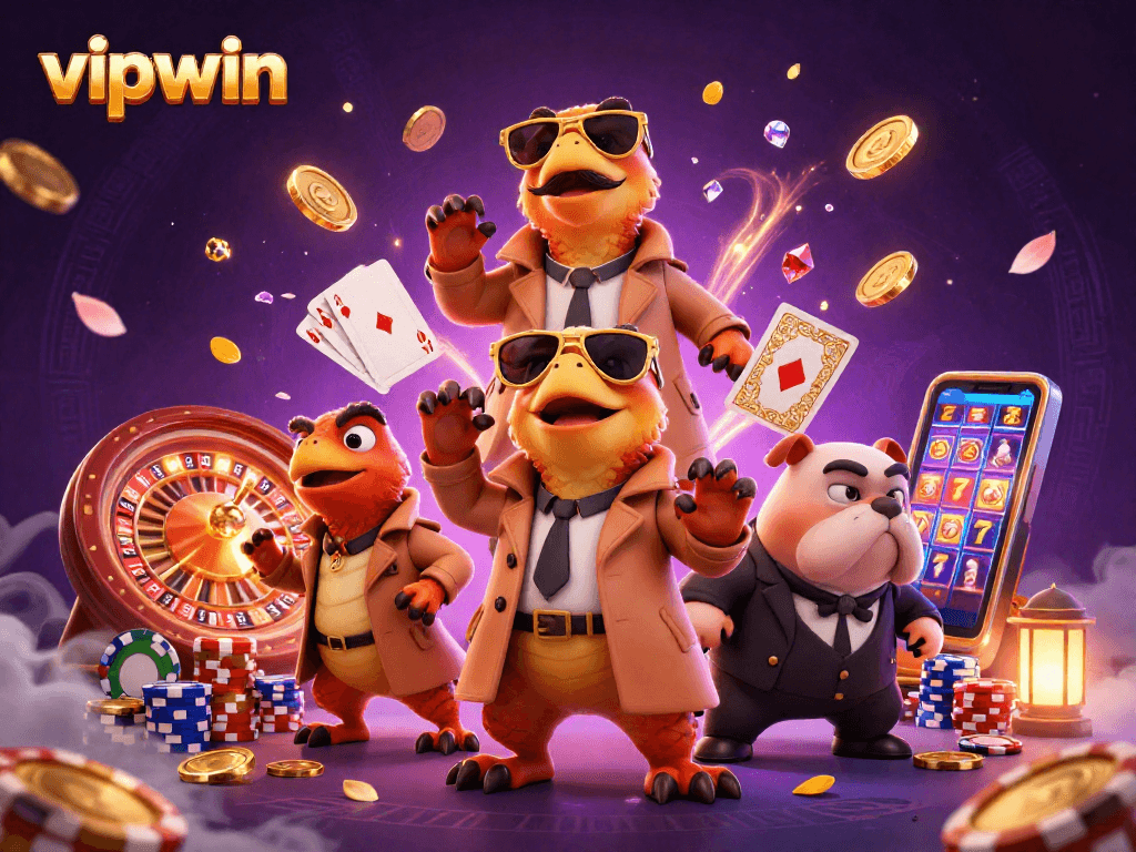Join the raptors at VIPWIN's exclusive casino lounge, surrounded by vibrant gaming elements!