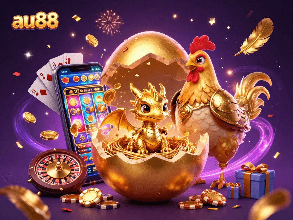Experience thrilling excitement with au88's colorful slot game, featuring a golden baby dragon and poker chips.