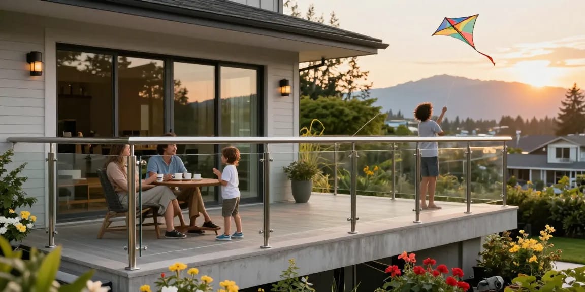 Custom railing vancouver shown in a stylish family home balcony setting with stainless steel and glass railings.