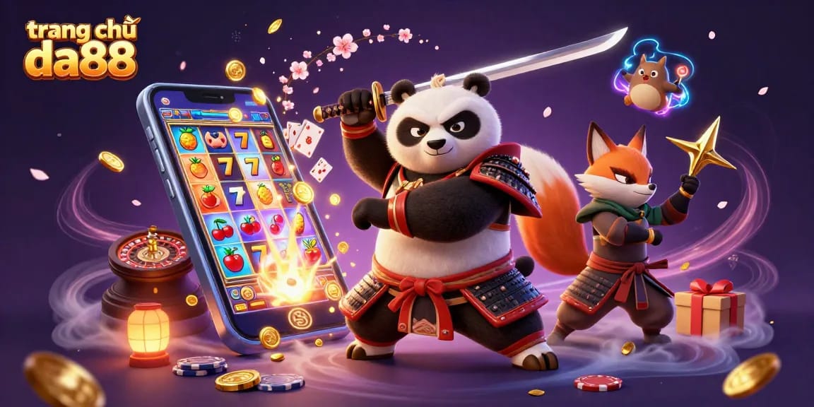 Engage with thrilling gaming action on trang chủ da88, featuring vibrant scenes of animated characters and casino elements.