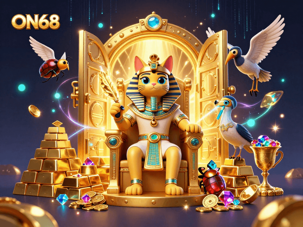 Win big at ON68 with vibrant casino elements and dynamic characters amidst treasures.