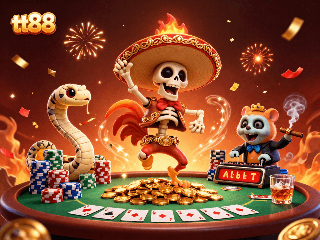 tt88 brings you vibrant casino fun with a victorious mariachi rooster, mummy, and DJ hamster celebrating wins.