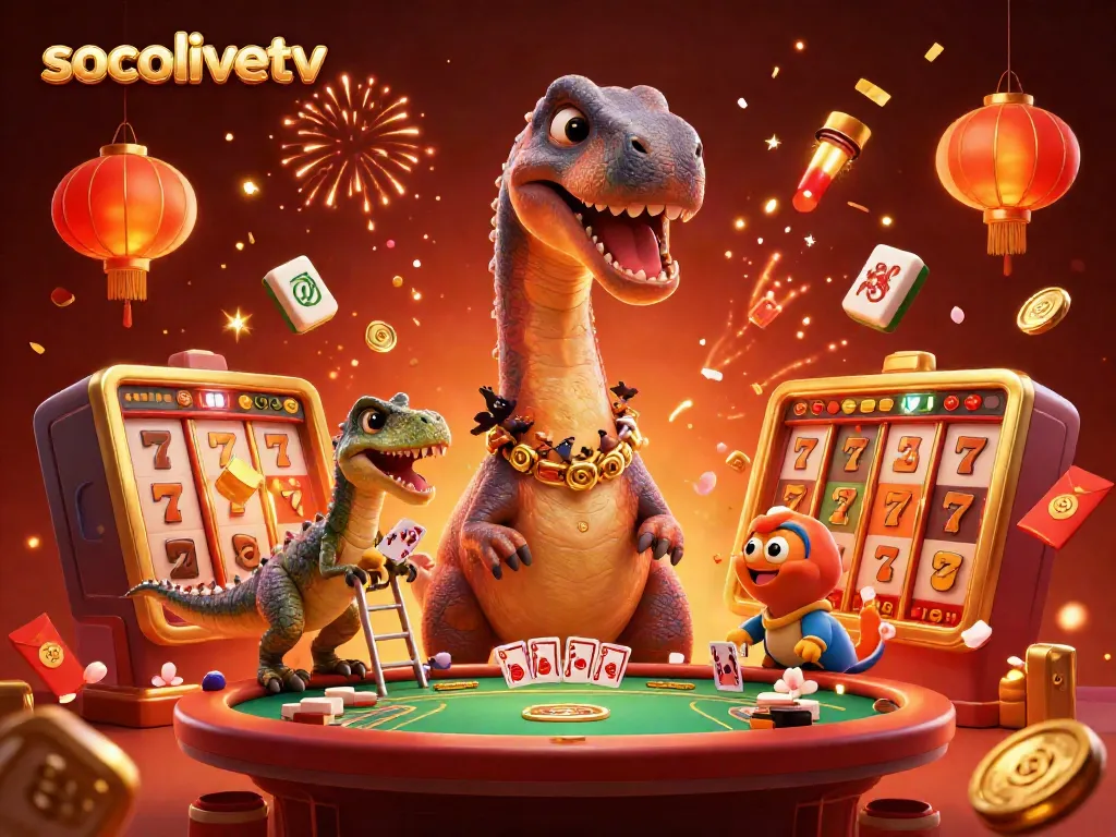 Join the excitement of socolivetv with a colossal brontosaurus and clever raptor in a vibrant casino setting.