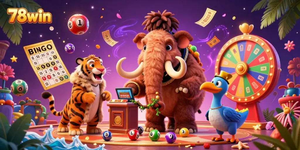 Experience excitement with 78win at the vibrant casino door featuring a mammoth bouncer and dynamic lottery balls.