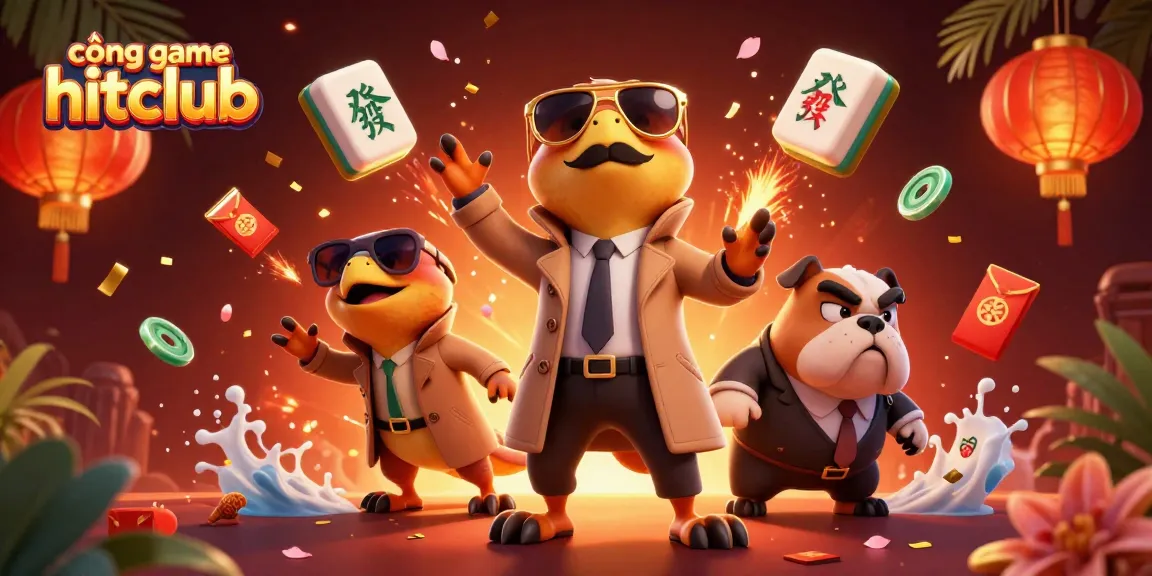 Engage with cổng game hitclub featuring colorful casino elements and three raptors in disguise at a VIP lounge.