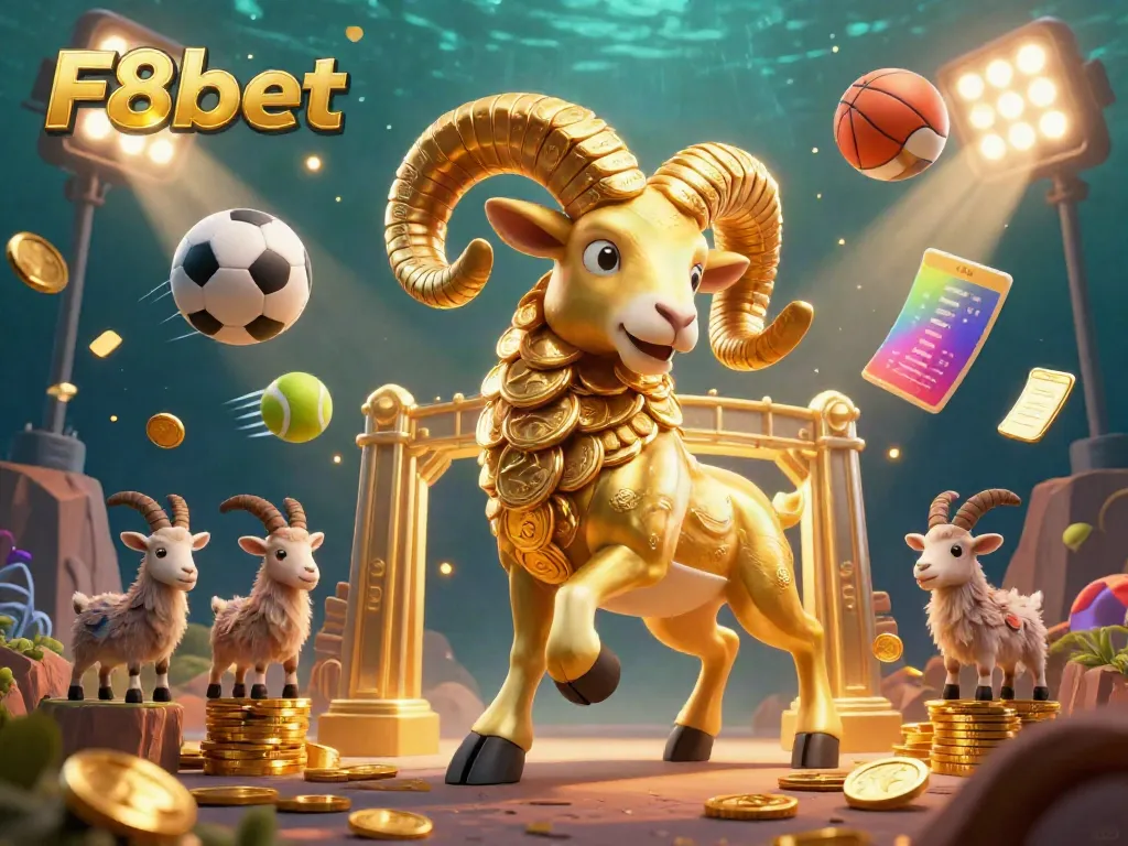 Experience the thrilling world of F8bet, featuring a golden ram in action surrounded by dynamic sports elements and vibrant casino imagery.