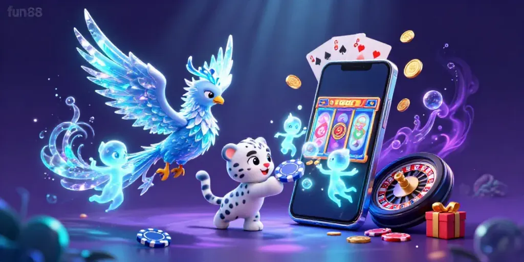 Engage in fun88 gambling excitement with a vibrant scene of an ice phoenix, poker chip-playful snow leopard, and dancing sprites.