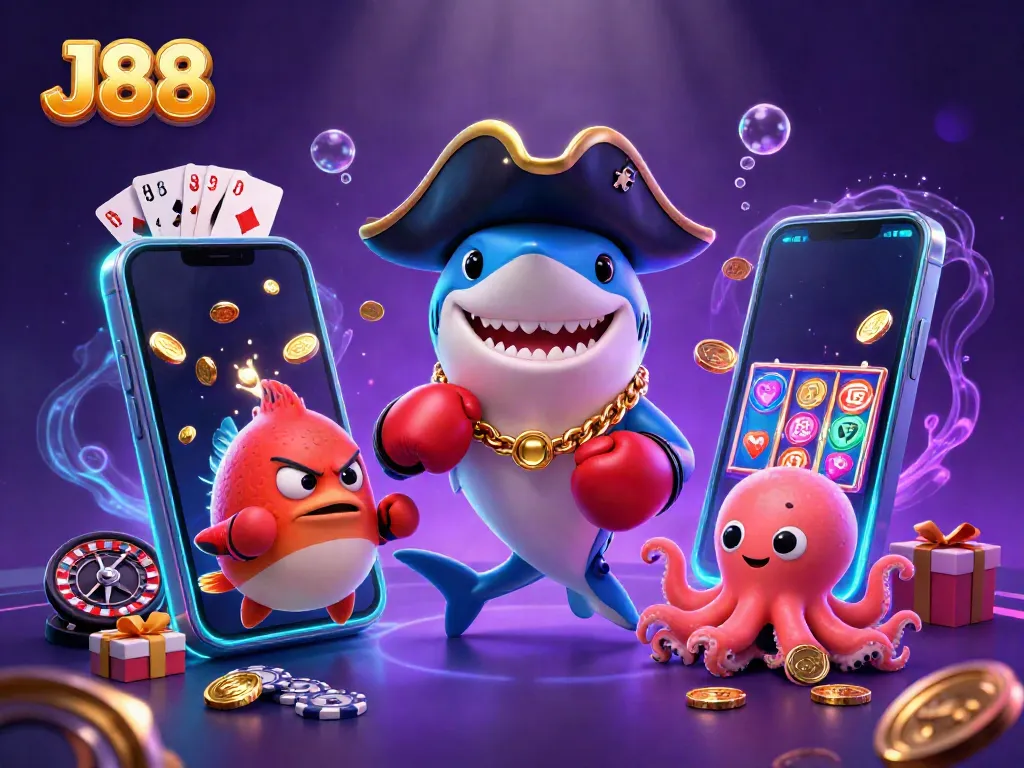 Experience excitement at J88 casino with a vibrant scene featuring cartoon characters, slot games, and dynamic elements.