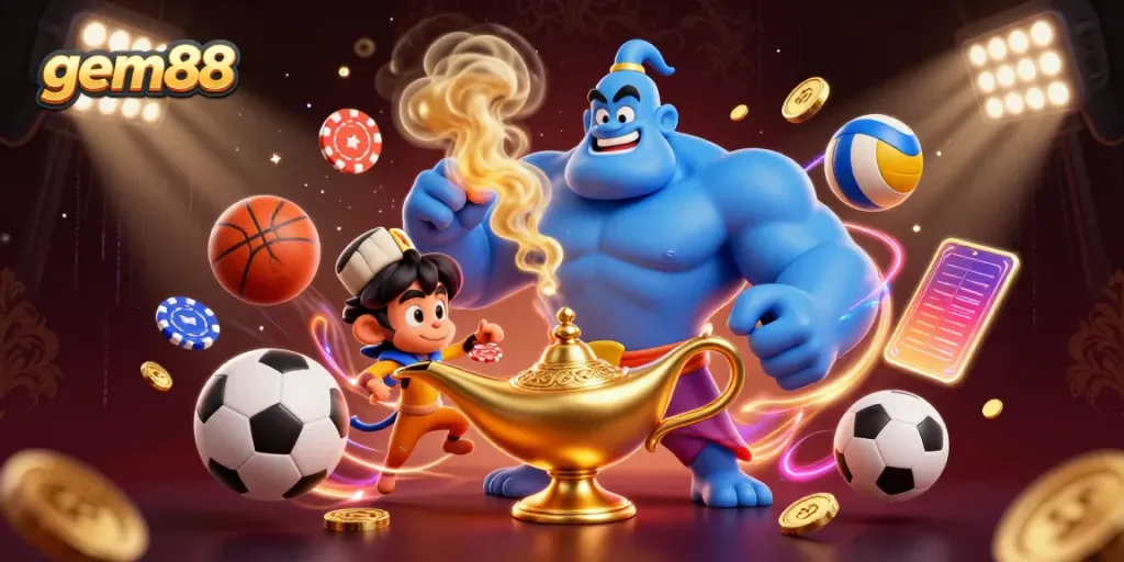 Experience the thrill of gem88 with a vibrant illustration of a genie, monkey, and magical elements in a casino setting.