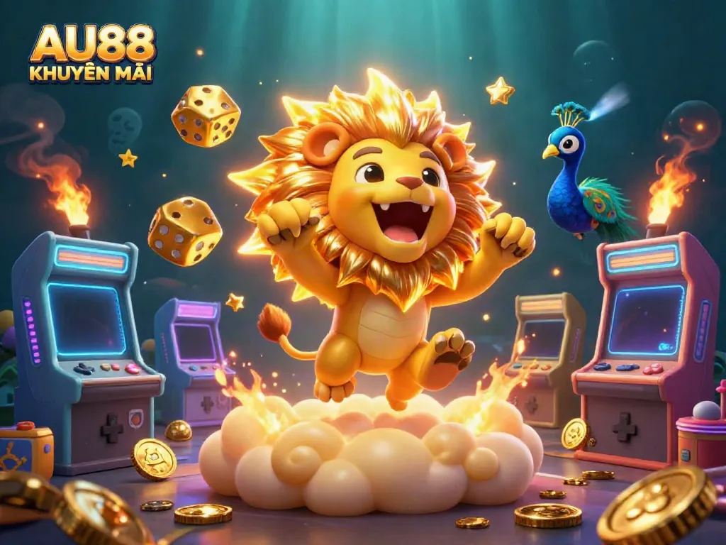 Engage in the excitement of AU88 KHUYẾN MÃI with a vibrant 3D carnival scene showcasing animated characters and casino elements.