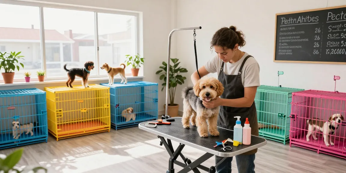 Pet groomer cages in a vibrant grooming salon showcasing comfort and style.