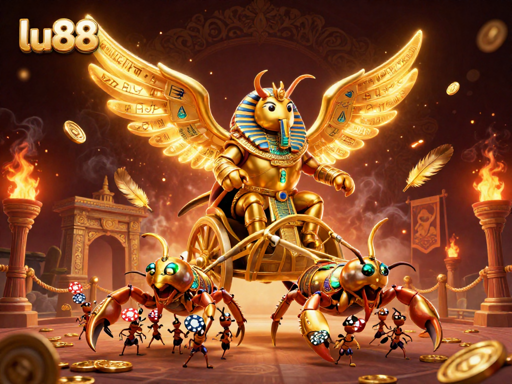 Experience thrilling gameplay at lu88 with an artistic scene of animated characters and dynamic casino elements.