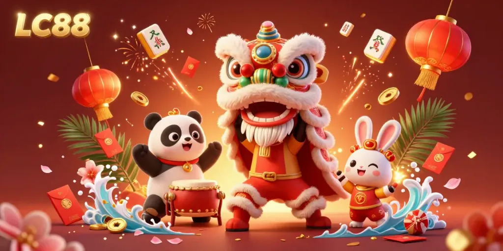 Engage with the exhilarating world of LC88 as festive characters celebrate in a vibrant casino theme.