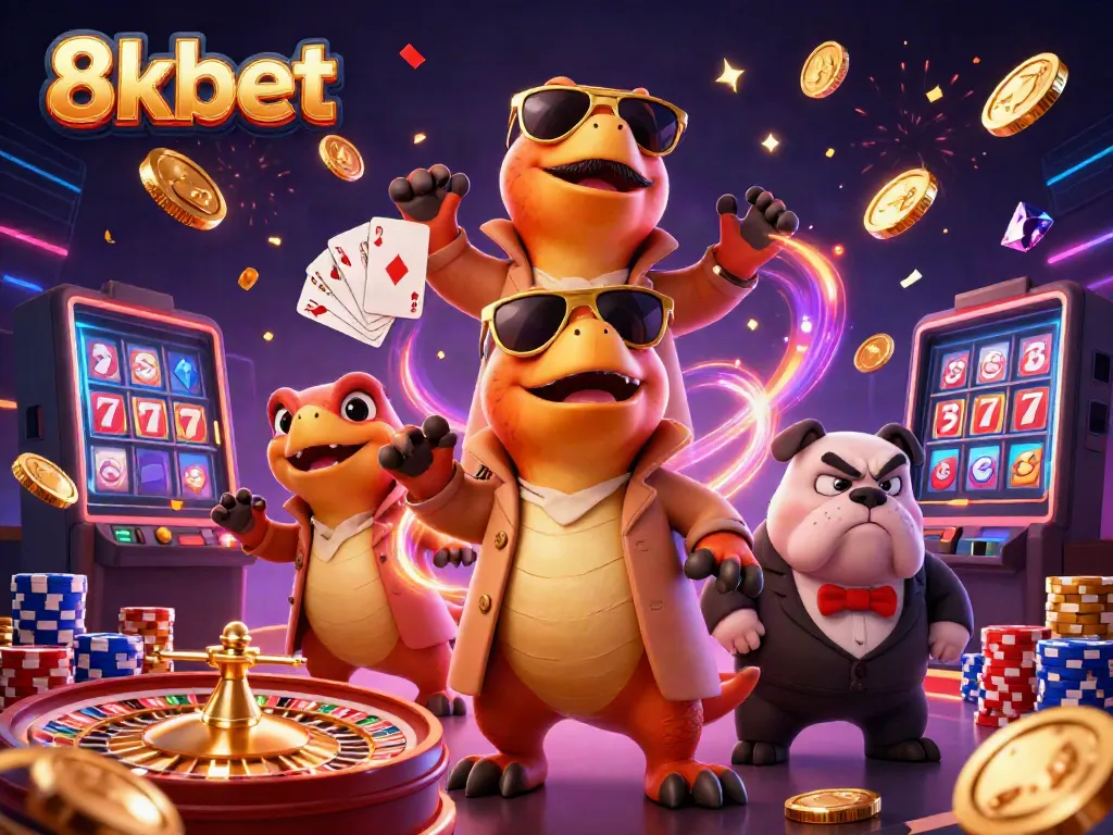 Engage with the excitement of 8xbet through playful raptors entering a casino scene filled with games and treasures.