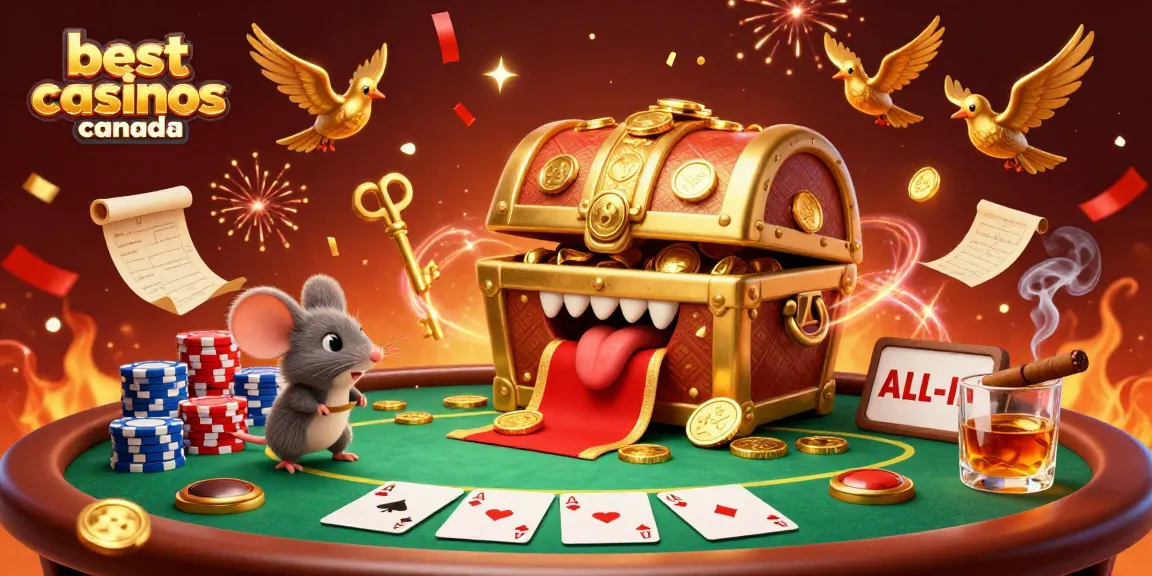 Experience the allure of the best online casinos Canada with a vibrant casino-themed illustration featuring adventurer mice and a treasure chest.