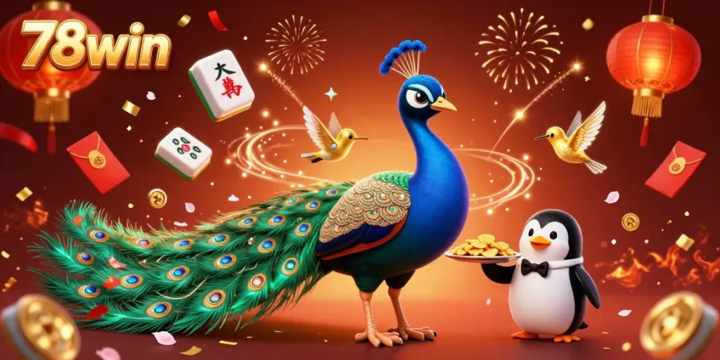 Play and win big at 78win with vibrant 3D illustration featuring a peacock and gambling elements.
