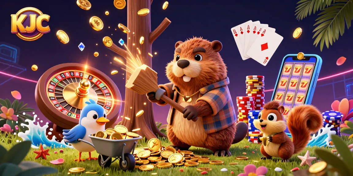 KJC engages players in a vibrant scene with a beaver collecting gold coins, symbolizing fun and excitement of online gaming.