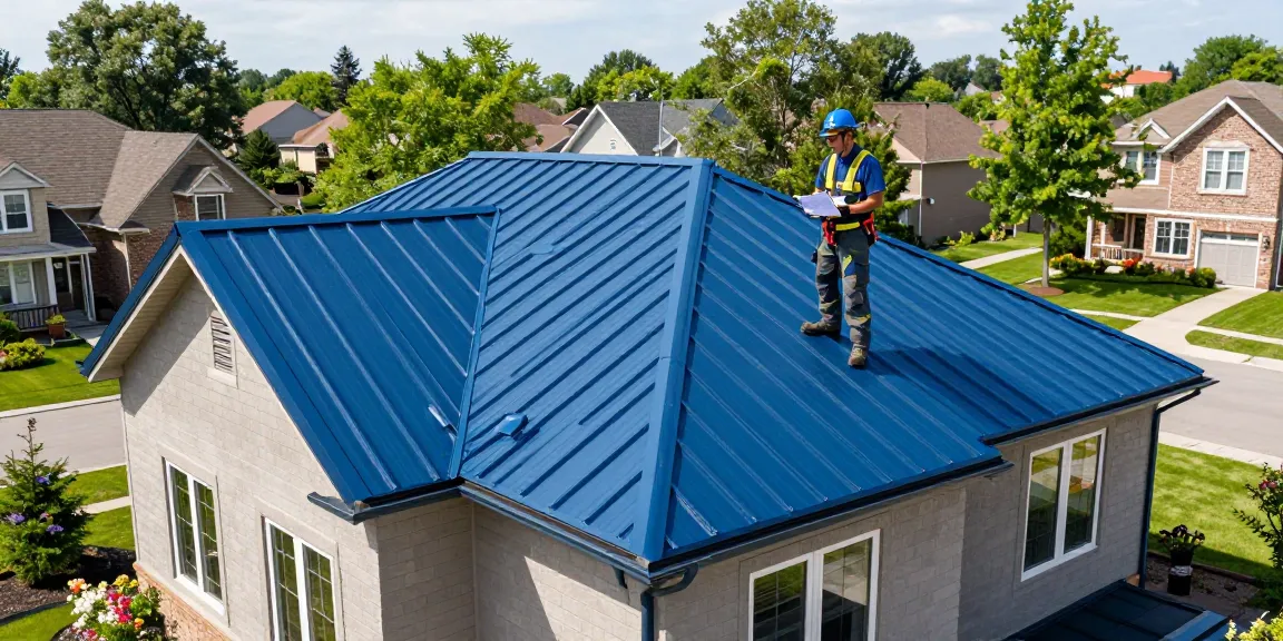 Standing seam metal roofing Ontario installation with blue panels, expert inspection, and lush suburban setting.