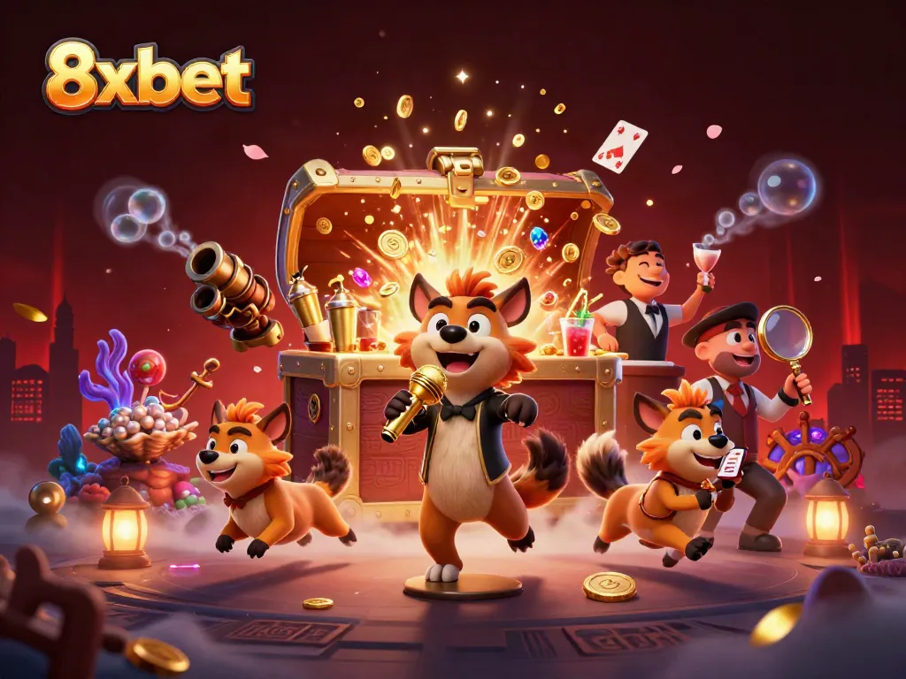 Experience the vibrant storytelling of 8xbet in a comedic casino setting with lively hyenas and treasure galore.