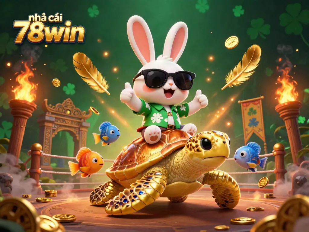 Experience the thrill of gaming at nhà cái 78win with a lucky rabbit and golden sea turtle in a casino-inspired scene.