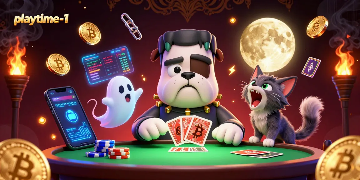 Engage with playtime-1 at a thrilling casino table led by a Frankenstein bulldog in a spooky setting.