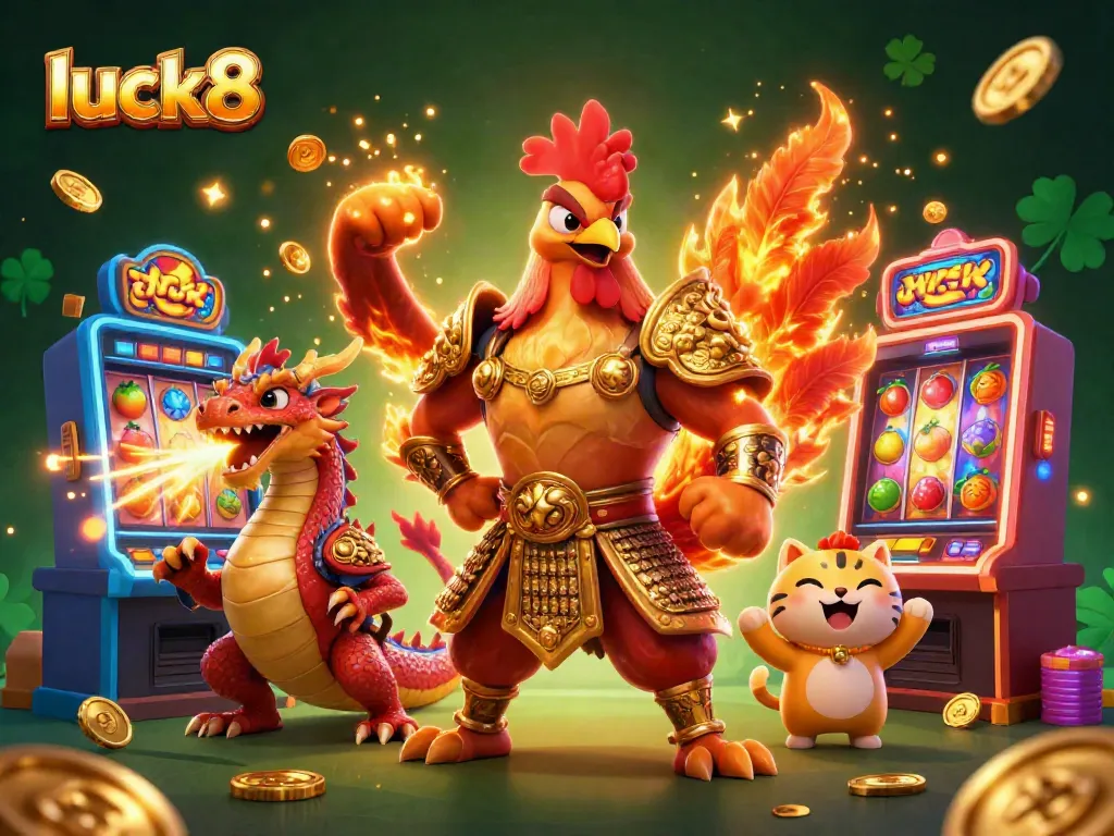 Experience thrilling wins at luck8 with colorful slot machines, dynamic characters, and a festive atmosphere.