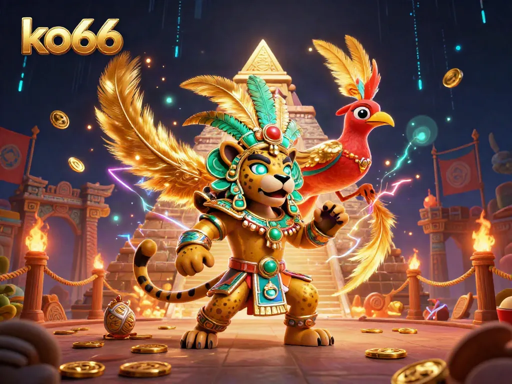 Experience the thrill of ko66 betting with this vibrant illustration featuring a Mayan jaguar priest and golden elements.