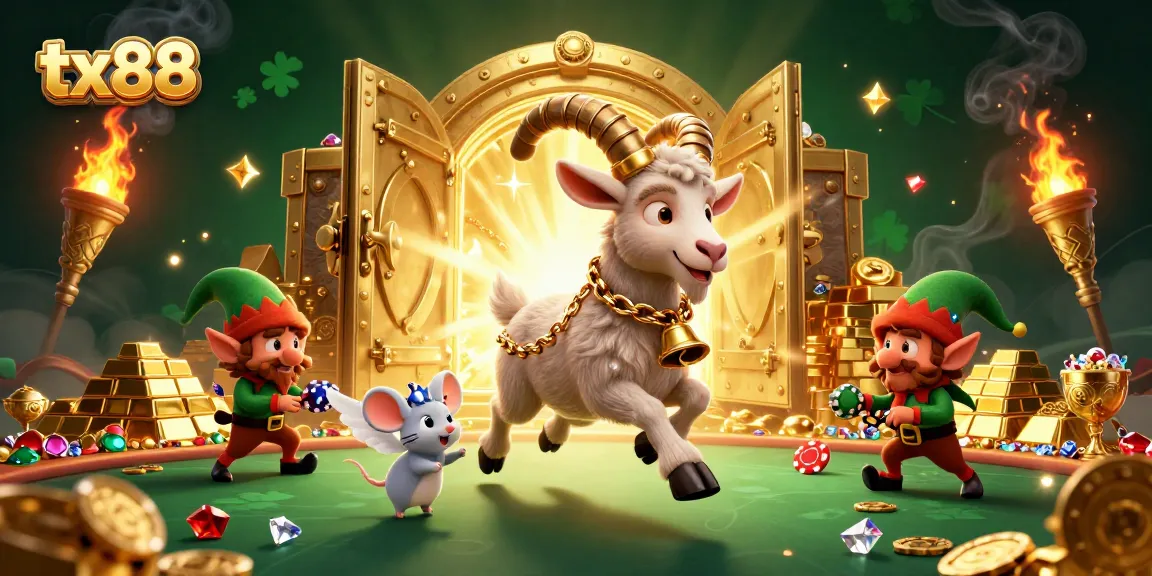 Experience the excitement of tx88 with Krampus at a festive casino, surrounded by gold and gems.