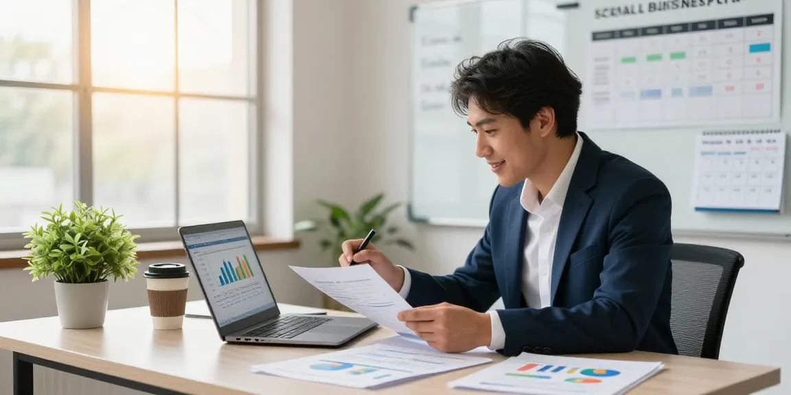 Accountant using accounting software for small business in a bright office setting