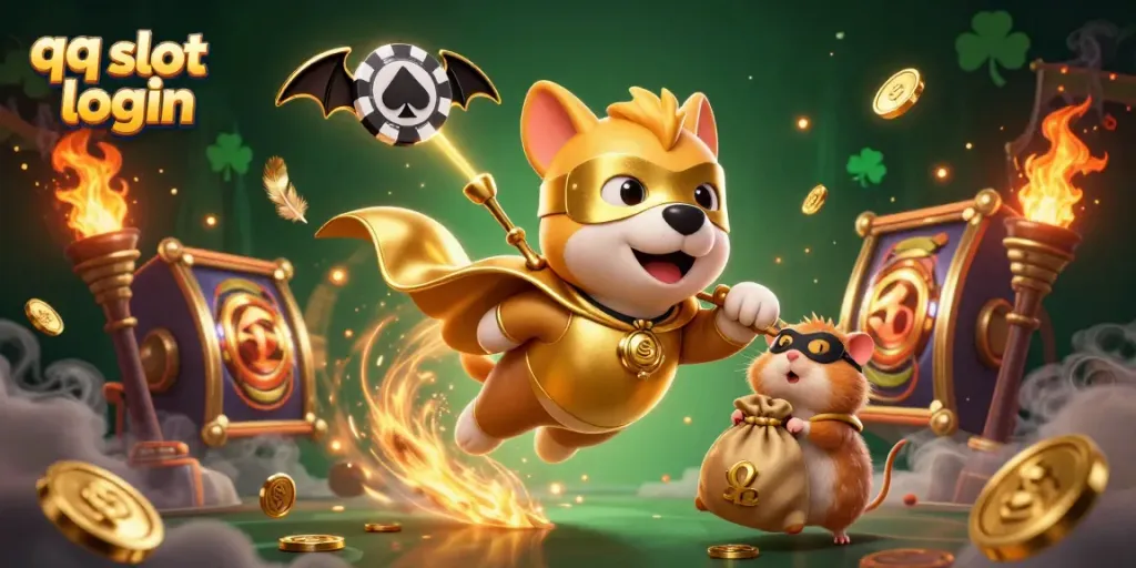 Experience thrilling qq slot login with our vibrant illustration featuring a superhero dog and dynamic casino elements.