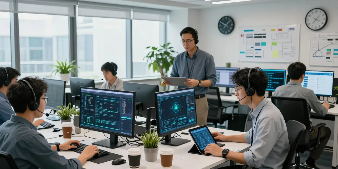 IT team providing MSP Markham support in a modern office setting with high-tech equipment and collaboration