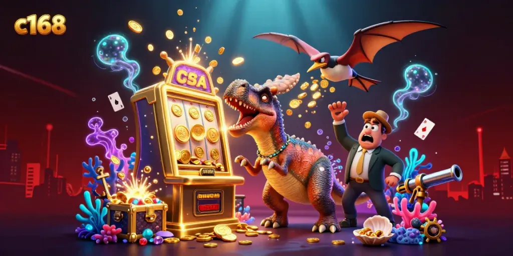 c168’s engaging casino scene featuring vibrant characters and a jackpot-winning slot machine.