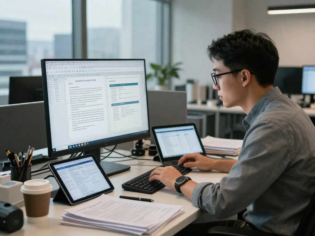 Data analyst performing document fraud detection in a modern office setting.
