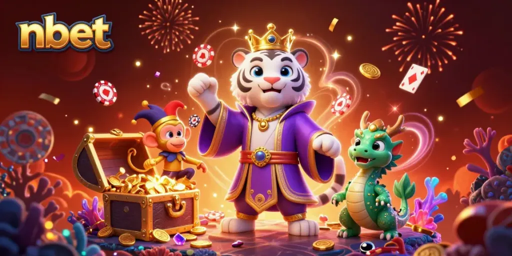 Experience thrilling gaming at nbet with an enchanting scene featuring a cartoon tiger, monkey, and dragon amidst sparkling treasures.