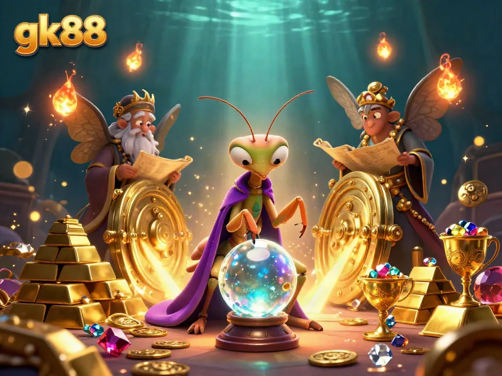 Experience a thrilling moment at gk88 with fortune teller, gems, and gold treasures illuminating the scene.